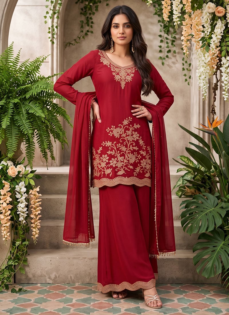 Red Beaded Embroidered Chinon Palazzo Suit After Six Wear