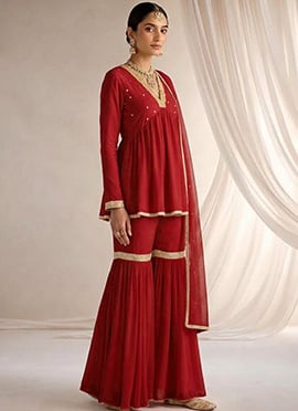 Red Beads Sequins Georgette Sharara Suit