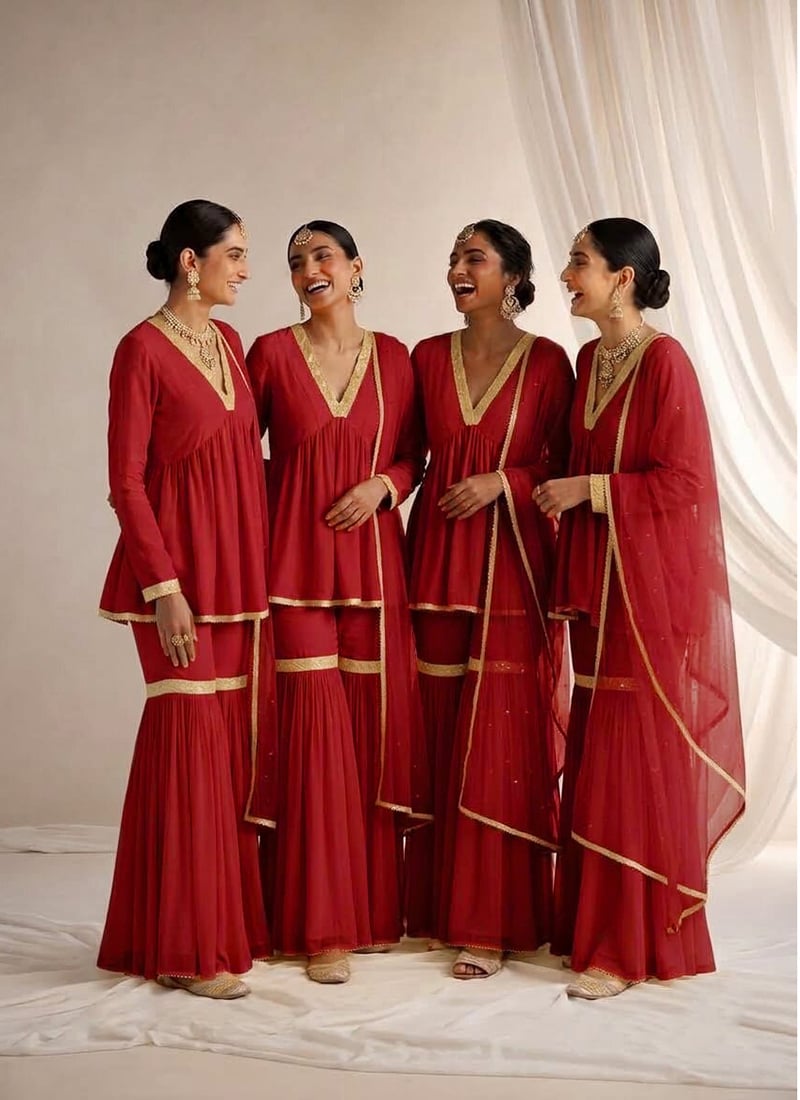 Red Beads Sequins Georgette Sharara Suit Festive Wear