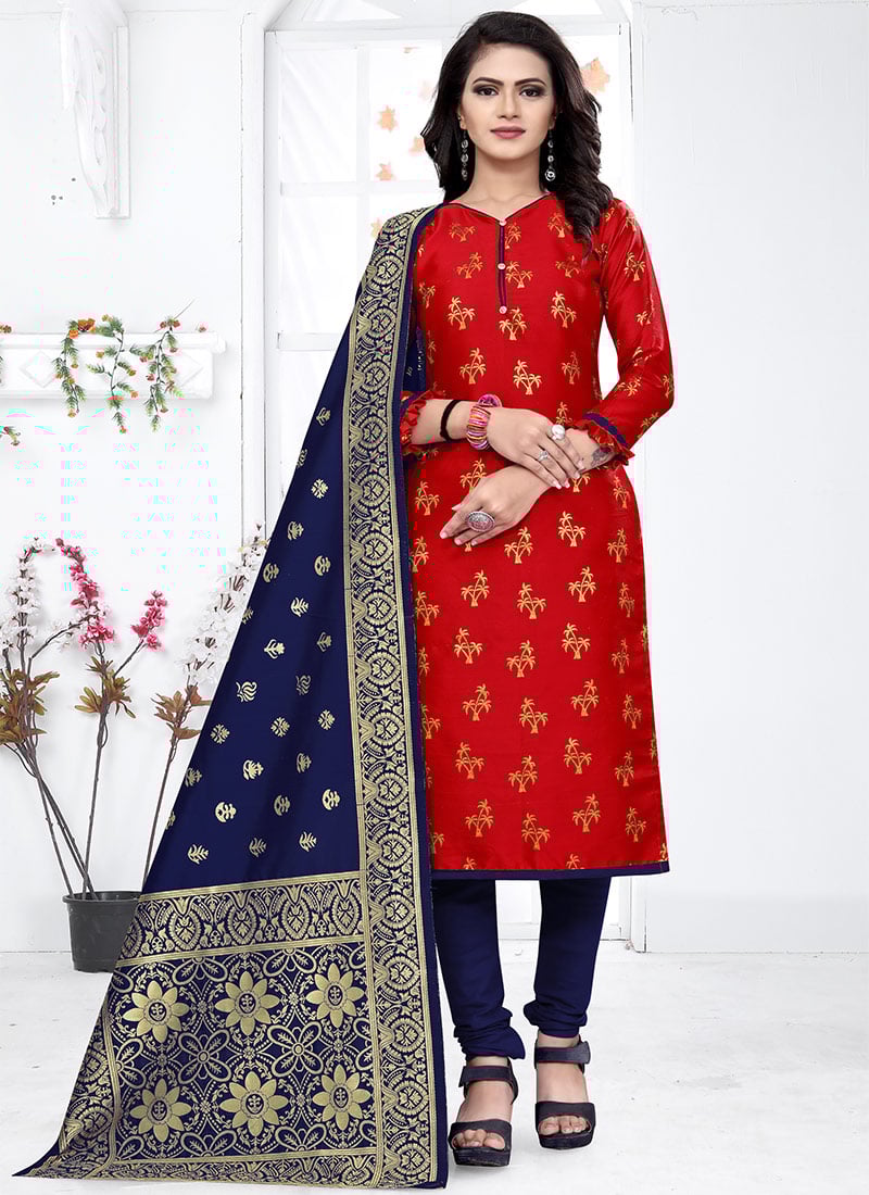 Red Benarasi Art Silk Churidar Suit
