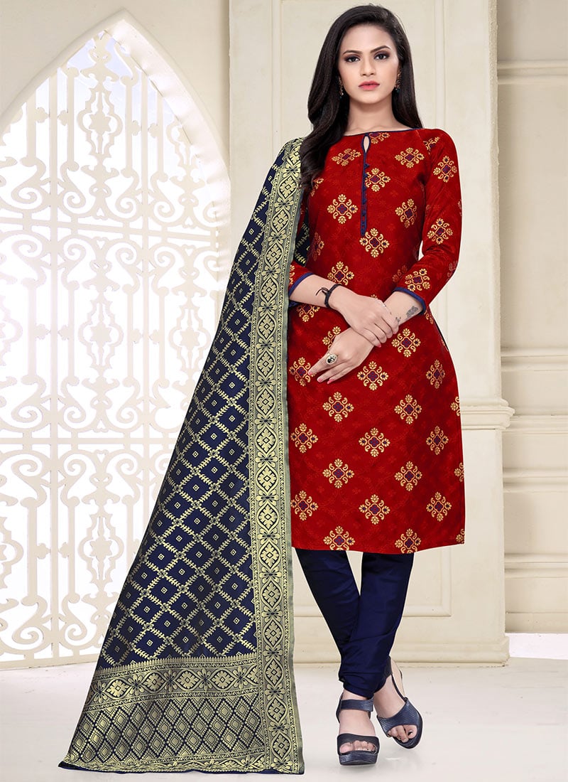 Red Benarasi Art Silk Churidar Suit