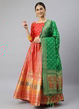 Red Benarasi Silk Jacquard Woven Umbrella Lehenga
