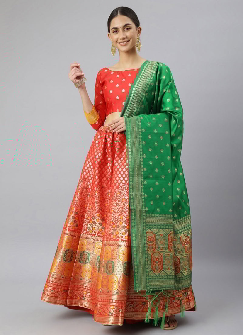 Red Benarasi Silk Jacquard Woven Umbrella Lehenga Festive Wear