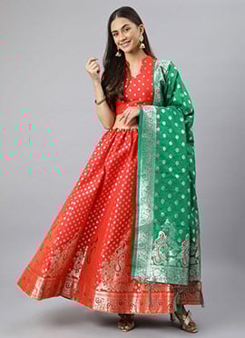 Red Benarasi Silk Jacquard Woven Umbrella Lehenga