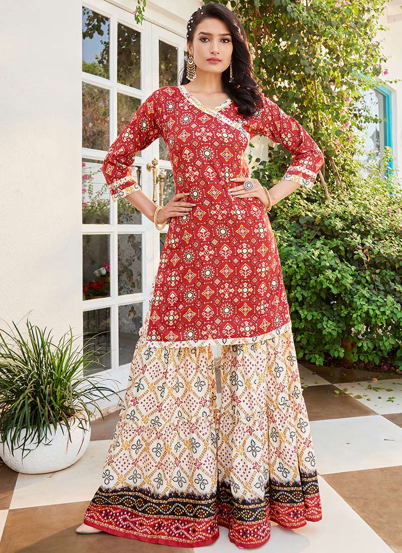 Red Solid Flared Kurta and Black Palazzo Set