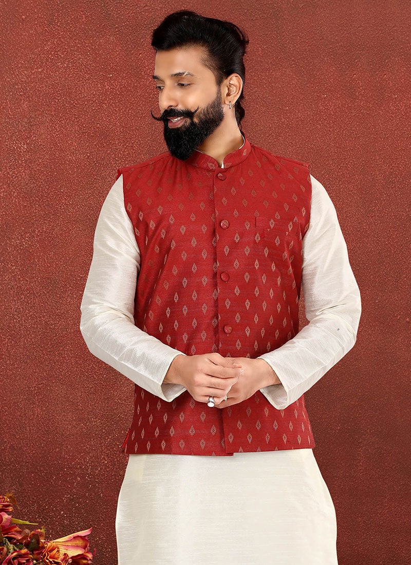 Red Blended Cotton Printed Nehru jacket