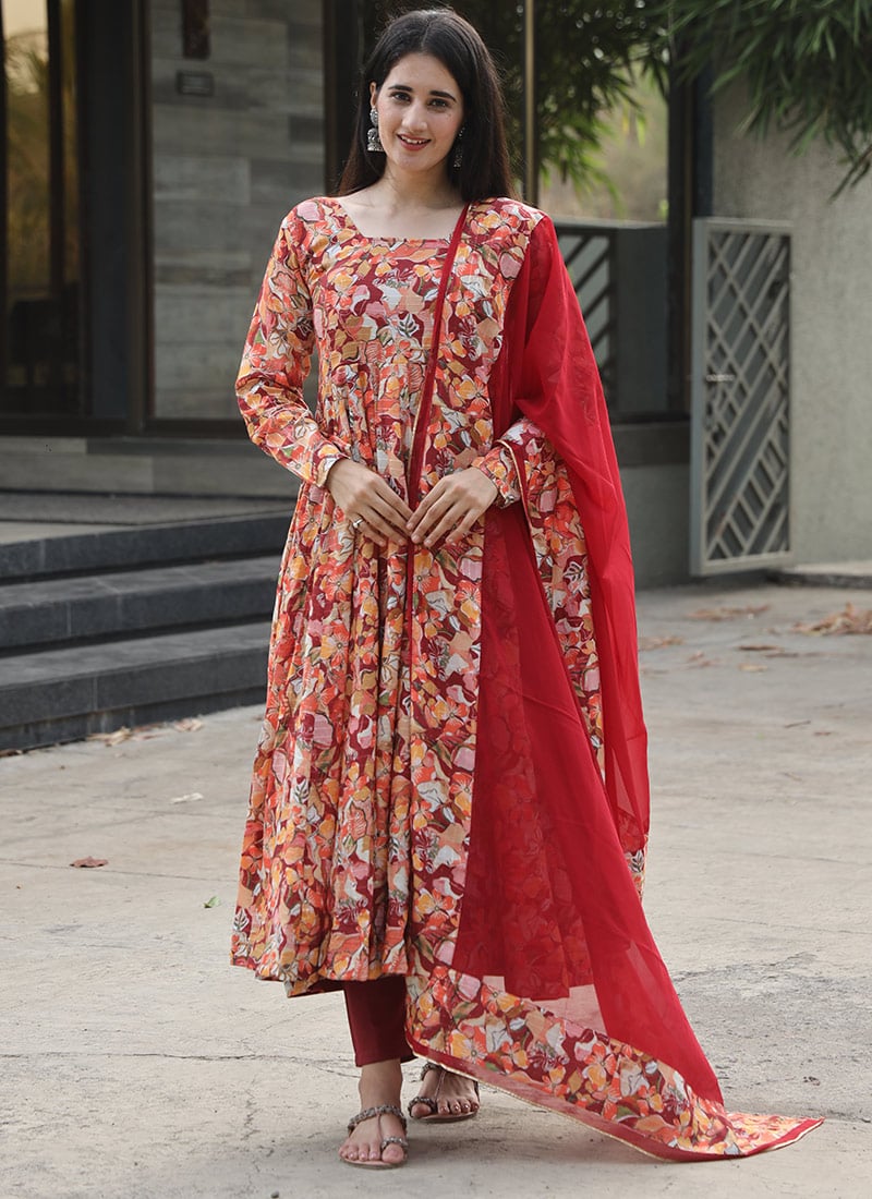 Red Bliss A Digital Print Embroidered Muslin Anarkali Suit