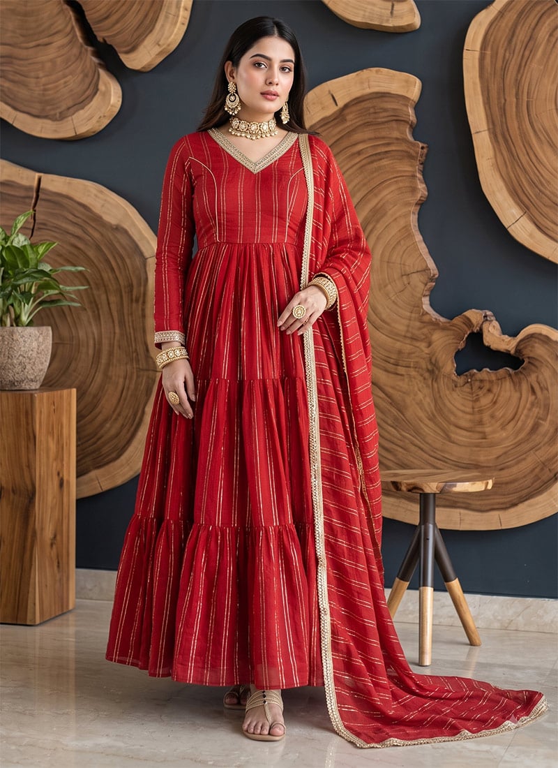 Red Brocade Embroidered Anarkali Pant Suit Festive Wear