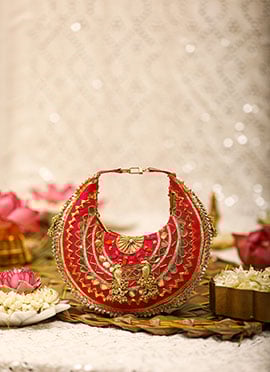 Red Brocade Gota Embroidered Sequins Hand Bag For Women