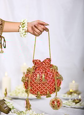 Red Brocade Gota Embroidered Sequins Potli For Women