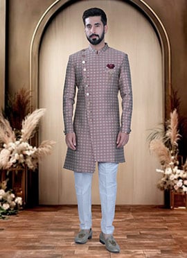 Red Brocade Zari Indowestern Sherwani  For Men