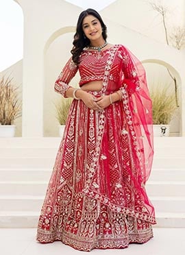 Red Butterfly Net Sequins and Codding Embroidery A Line Lehenga