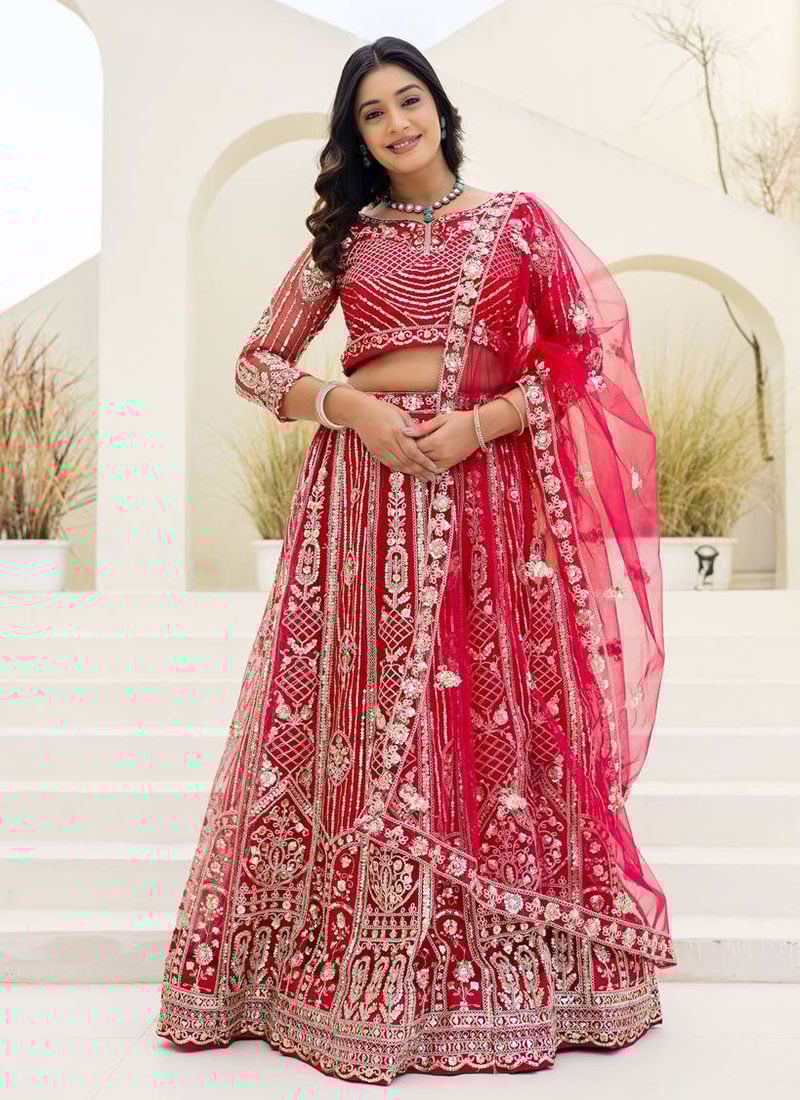 Red Butterfly Net Sequins and Codding Embroidery A Line Lehenga Wedding Wear