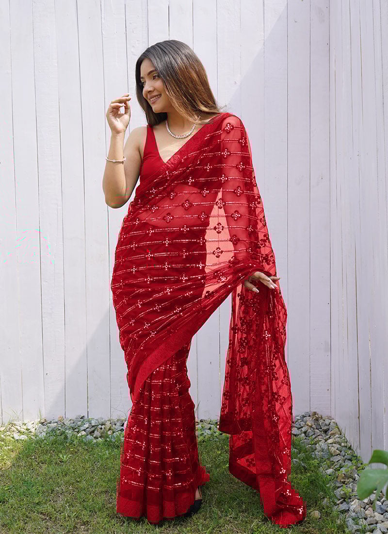 Red Butterfly Net Stone Work Sequins Saree After Six Wear