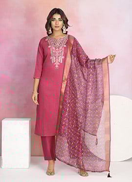 Red Chanderi Embroidered Straight Pant Suit With Floral Print Dupatta