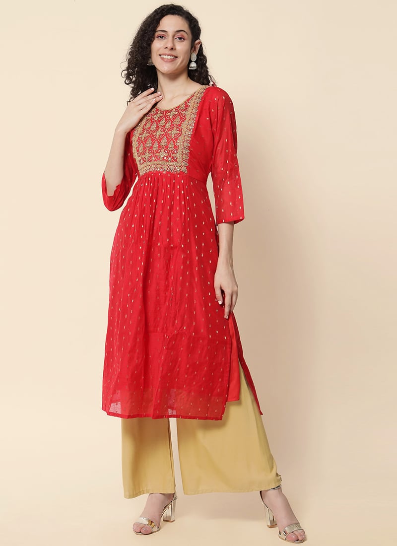 Red Chanderi Modal Embroidered Long Kurti After Six Wear