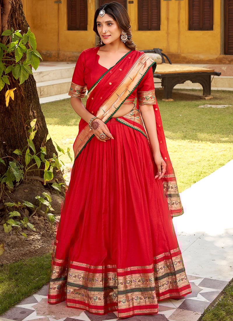 Red Chanderi Nylon Zari Gota Lehenga Festive Wear