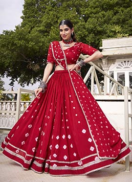 Red Chanderi Silk Bandhej Print Sequins Chaniya Choli Festive Wear