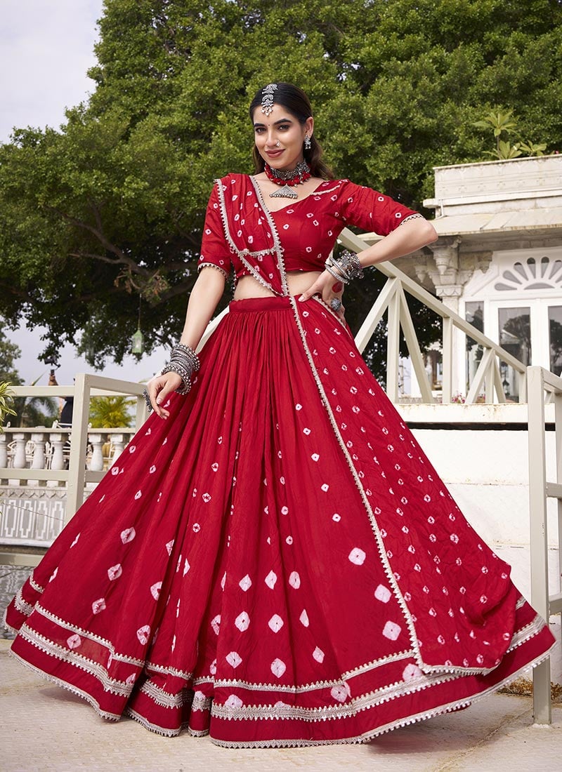 Red Chanderi Silk Bandhej Print Sequins Chaniya Choli Festive Wear