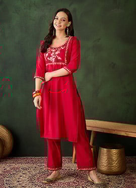 Red Chanderi Silk Embroidered Sequins Kurta Straight Pant Suit