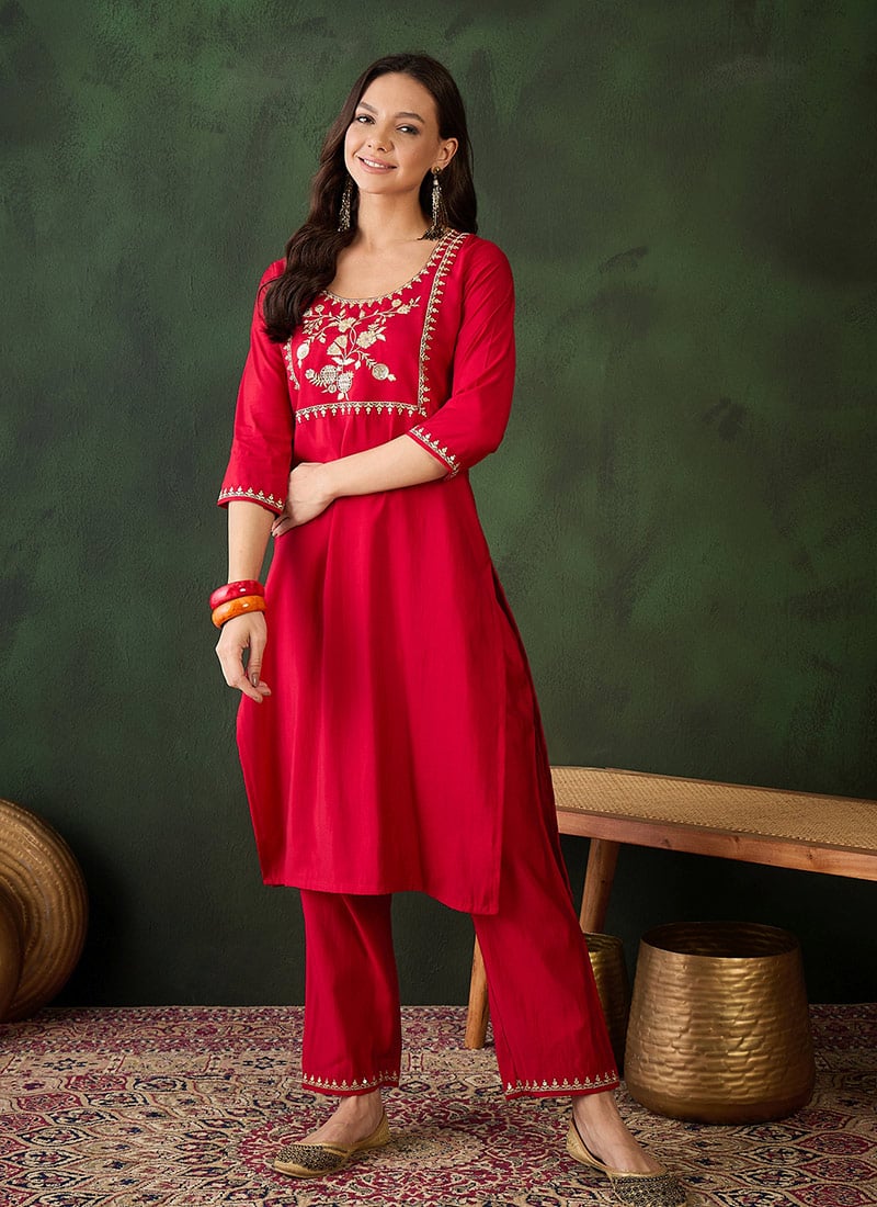 Red Chanderi Silk Embroidered Sequins Kurta Straight Pant Suit After Six Wear