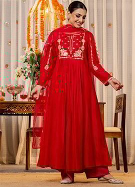 Red Chanderi Silk Embroidered Straight Pant Suit