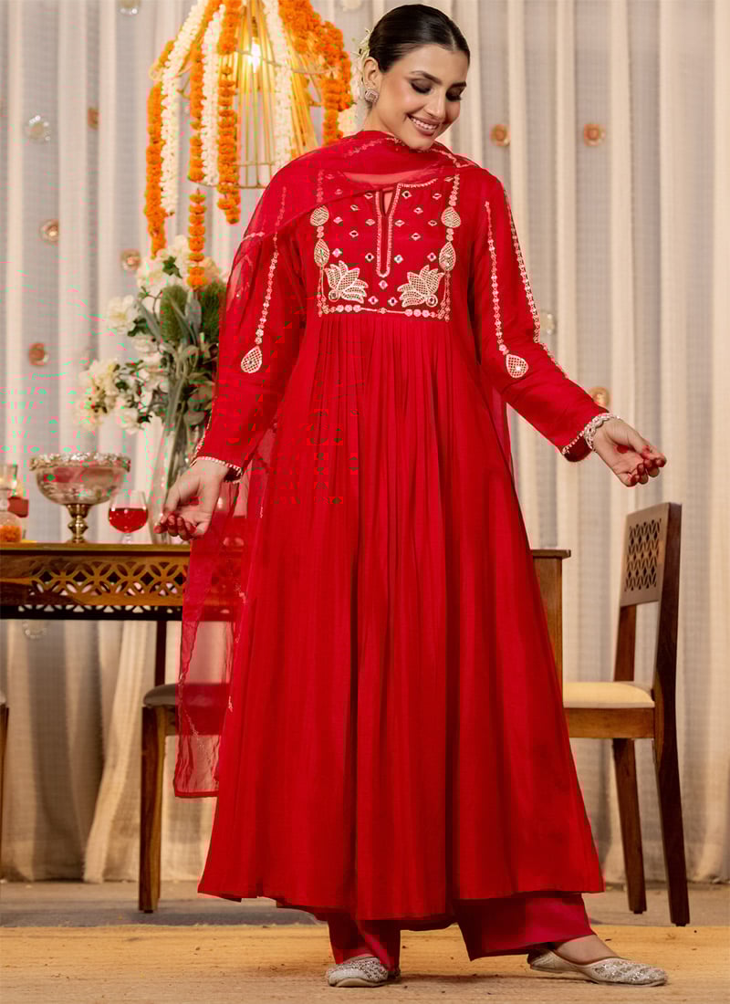 Red Chanderi Silk Embroidered Straight Pant Suit After Six Wear