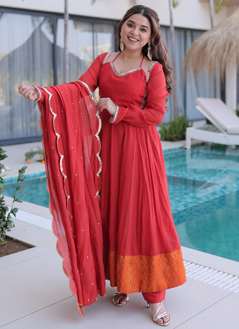 Red Chanderi Silk Woven Mirror Lace Embroidery Work Anarkali Suit Festive Wear