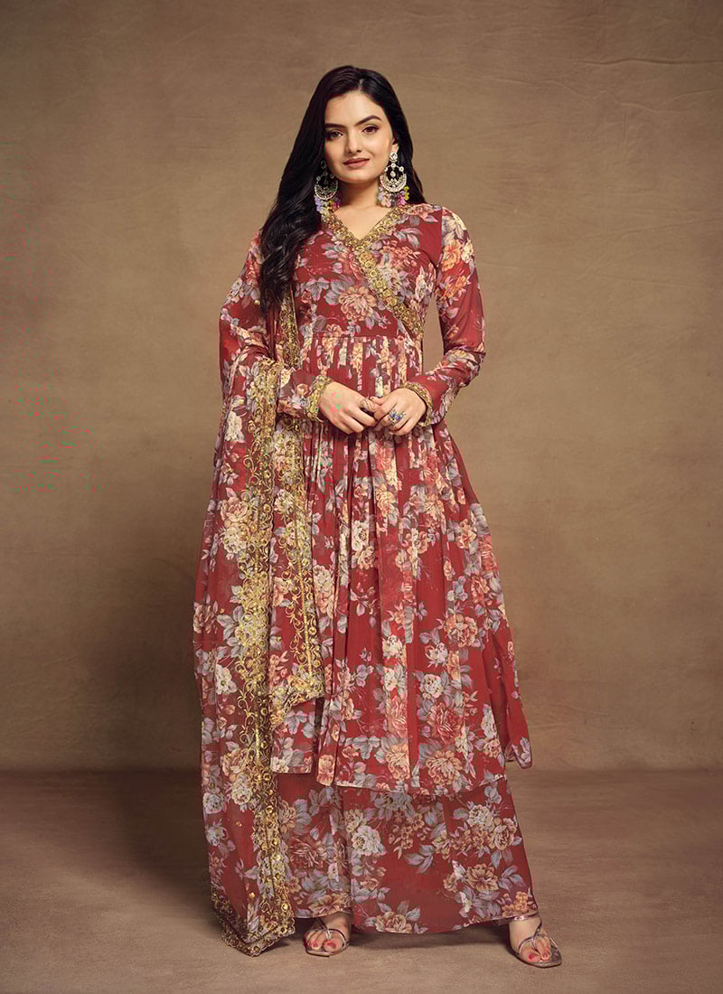 Red Chiffon Angarkha Digital Print Anarkali Suit With Sequins And Zari Work Festive Wear