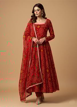 Red Chiffon Bandhej Printed Anarkali Suit