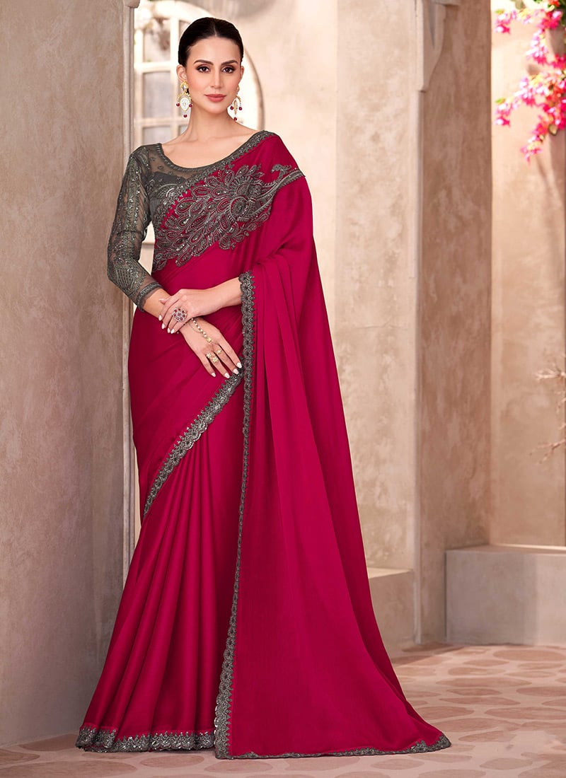 Red Chiffon Embroidered Sequins Cut Work Saree Festive Wear
