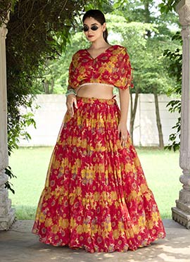 Red Chiffon Floral Print Indowestern Skirt Set  After Six Wear