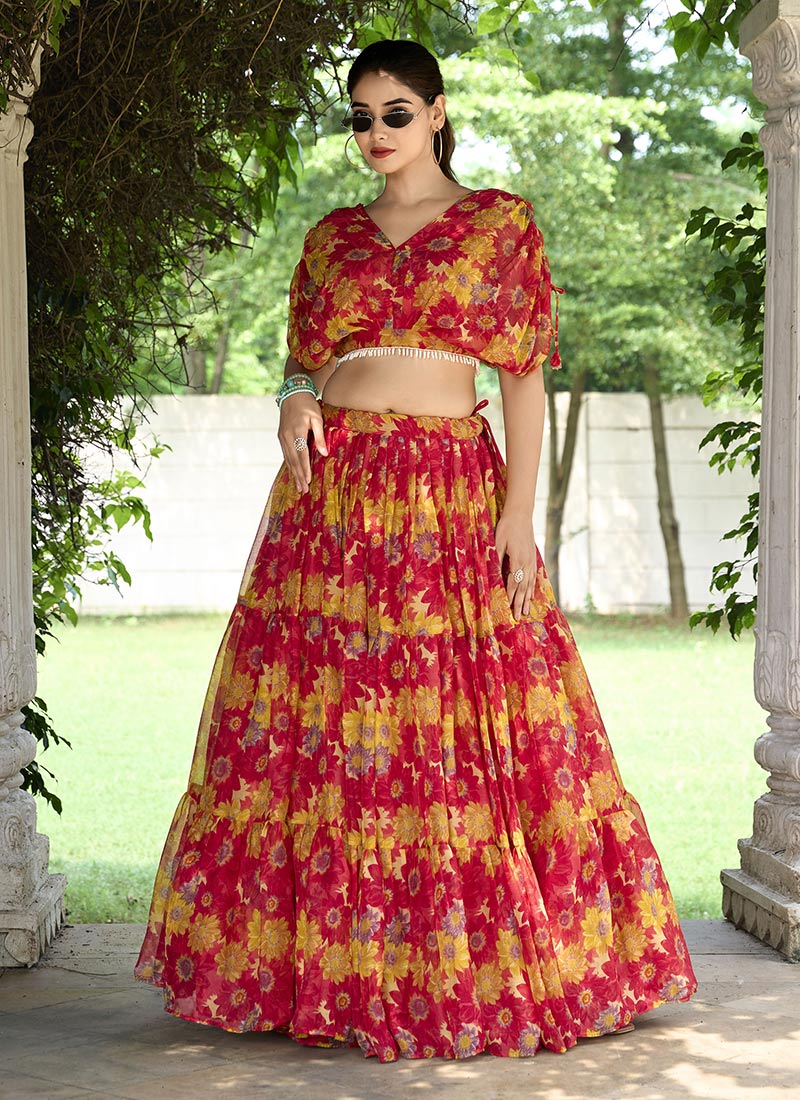 Red Chiffon Floral Print Indowestern Skirt Set
