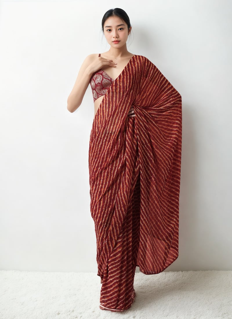 Red Chiffon Printed Pre Draped Saree