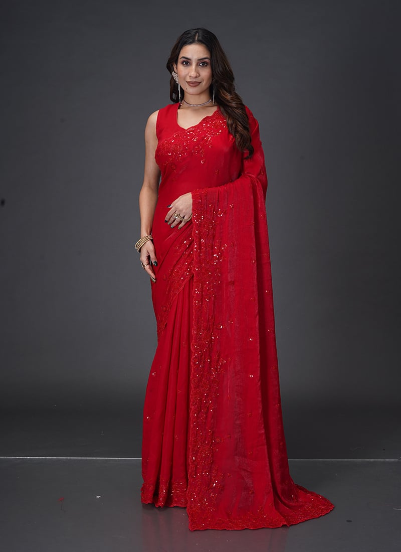Red Chiffon With Beads Work Saree