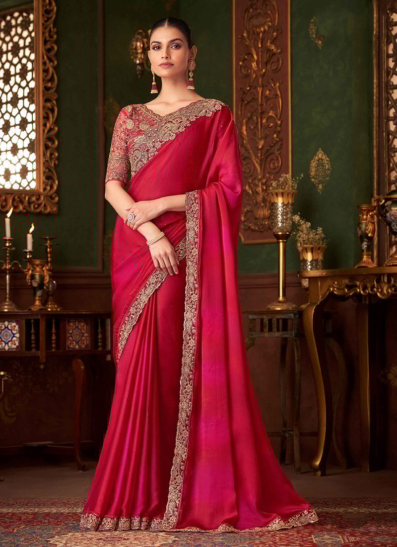 Red Chiffon Zari Embroidered Sequins Saree For Festive Glam Wedding Wear-SASCC3906SW1401