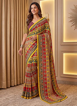 Red Chinon Ajrak Mirror Work Saree