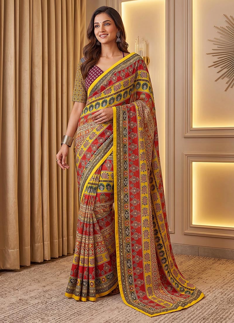 Red Chinon Ajrak Mirror Work Saree Festive Wear