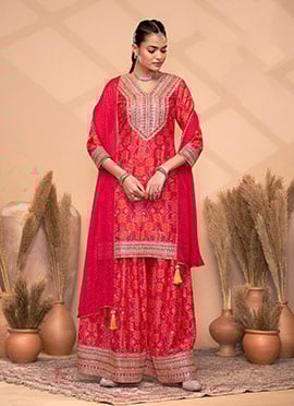 Red Chinon Bandhini Print Embroidered Sequins Palazzo Suit