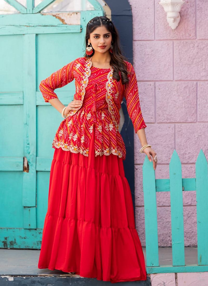 Red Chinon Bandhini Print Embroidered Indowestern Jacket Skirt Set Festive Wear-IWSUSRK205712