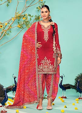 Red Chinon Dhoti Suit With Zari Embroidery Sequins And Leheriya Digital Print