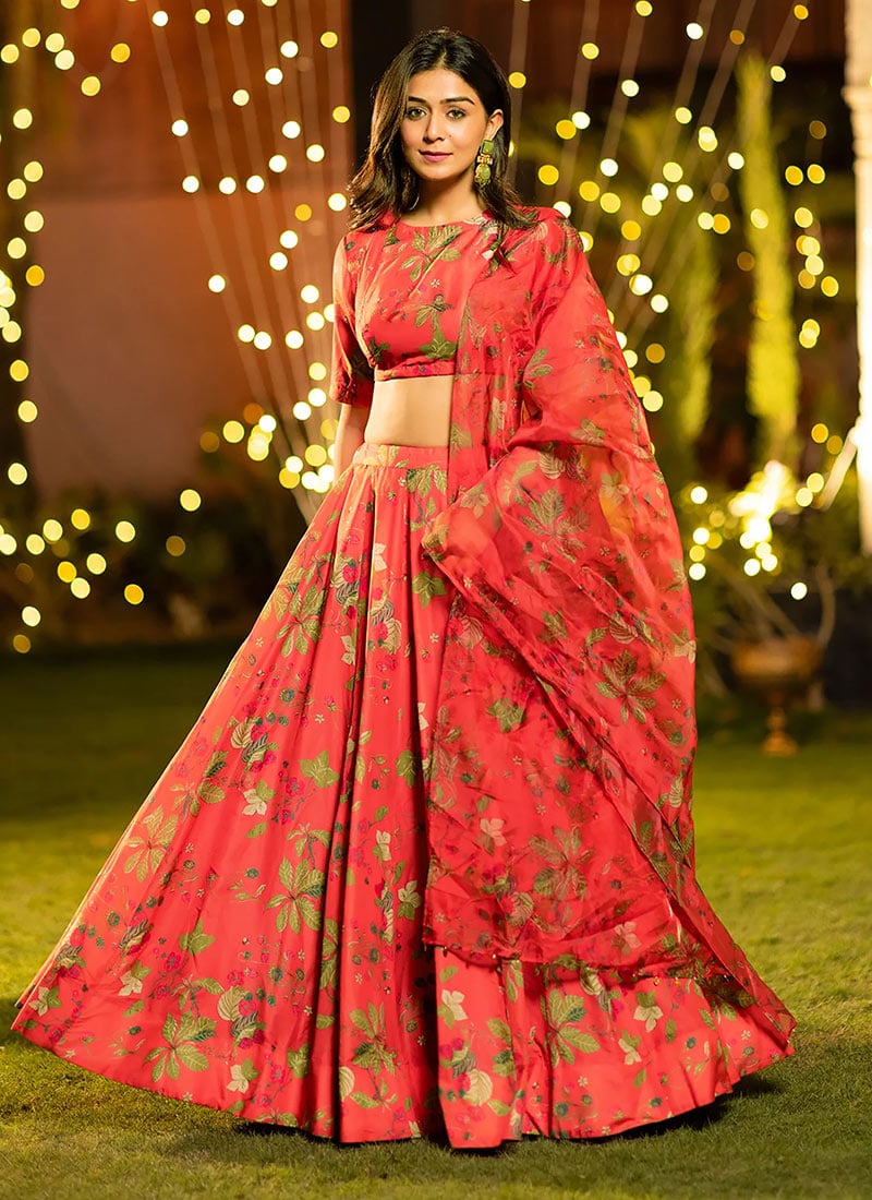 Red Chinon Digital Floral Print Lehenga
