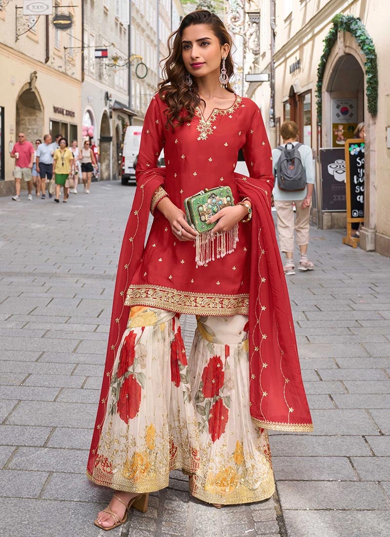 Red Chinon Digital Print Sharara Suit