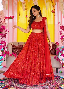 Red Chinon Digital Print Umbrella Lehenga