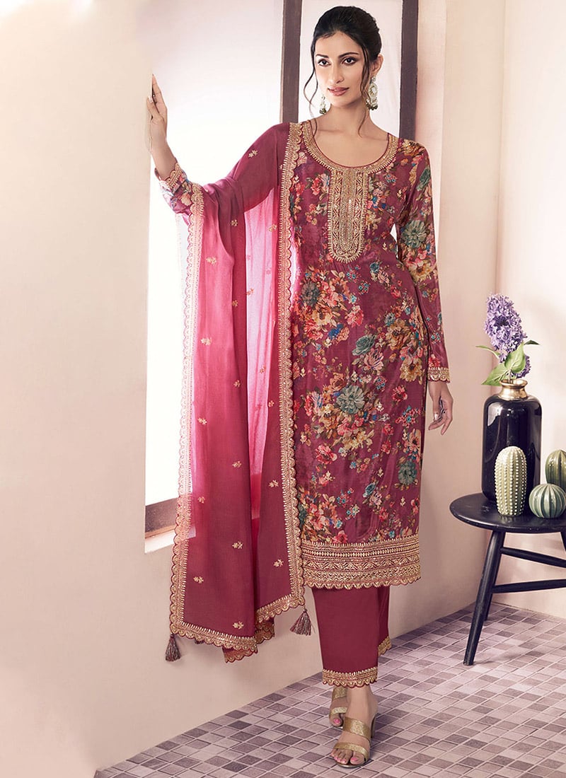 Red Chinon Digital Print Zari Embroidered Sequins Straight Pant Suit