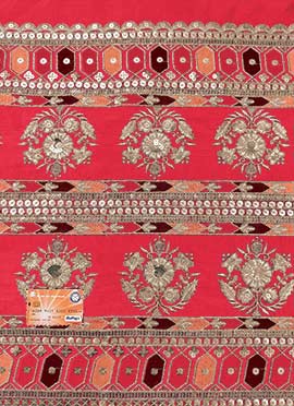 Coral Pink Chinon Embroidered Sequins Fabric