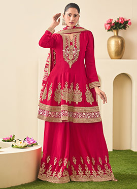 Red Chinon Embroidered Sequins A Line Palazzo Suit With Digital Print Dupatta