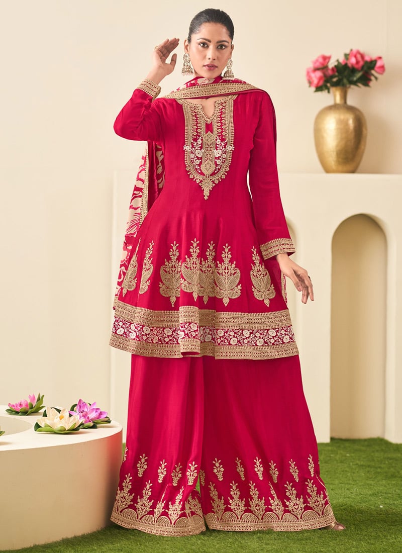 Red Chinon Embroidered Sequins A Line Palazzo Suit With Digital Print Dupatta Festive Wear