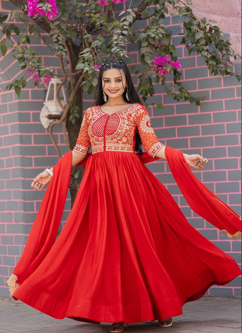 Red Chinon Embroidered Sequins Anarkali Suit