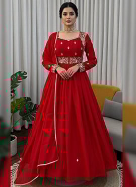 Red Chinon Embroidered Sequins Anarkali Suit
